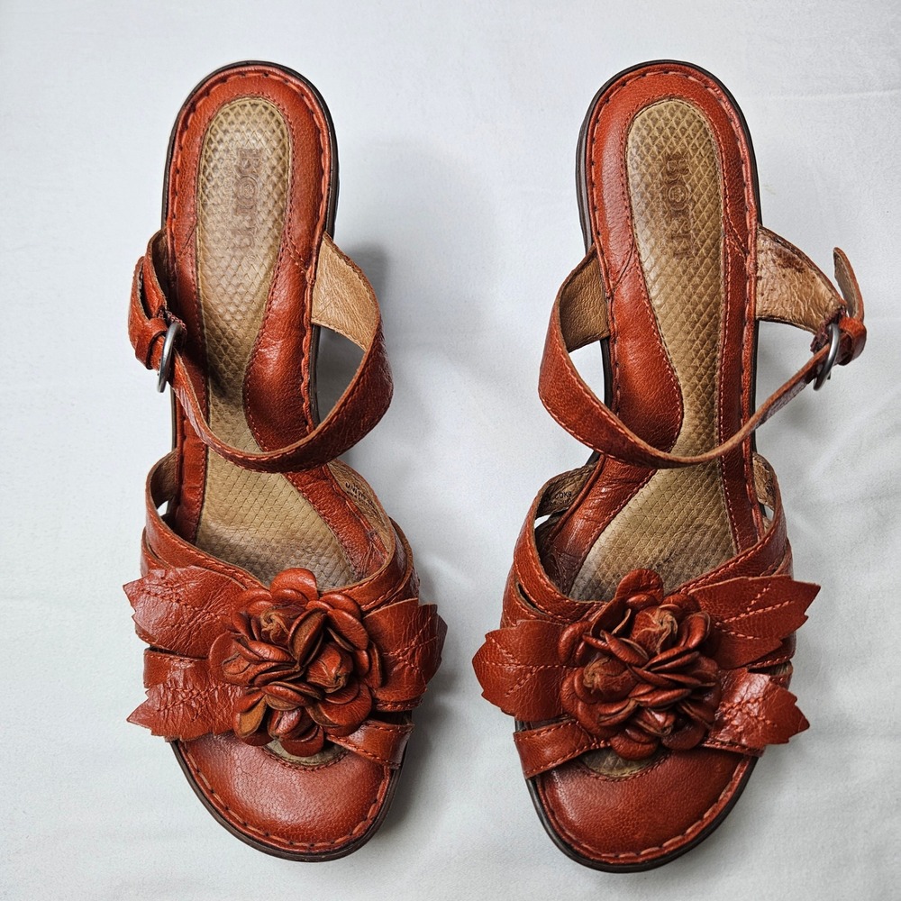Born Womens Lucca Cognac Leather Flower Platform Wedge Sandals Shoes Sz 10 42